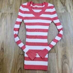 🩵Pink Republic Coral & Cream Stripe Vneck Ribbed Long Sleeve Sweater Small